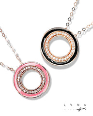 #LVNA2024 | Pink Enamel Round Halo Pink Paved Diamond Necklace 18kt