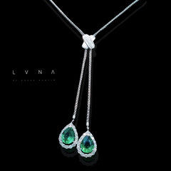 LVNA Signatures™️Twin Teardrop Colombian Emerald Drop Gemstones Diamond Necklace 14kt