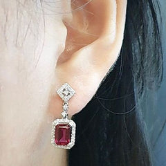 Red Ruby Dangling Gemstones Diamond Earrings 14kt