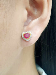 Multi-Tone Heart Ruby Gemstones Diamond Earrings 18kt
