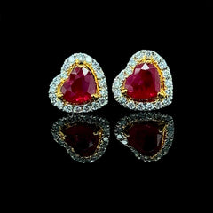 Multi-Tone Heart Ruby Gemstones Diamond Earrings 18kt