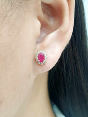 Floral Oval Ruby Gemstones Diamond Earrings 18kt