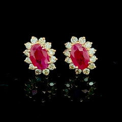 Floral Oval Ruby Gemstones Diamond Earrings 18kt