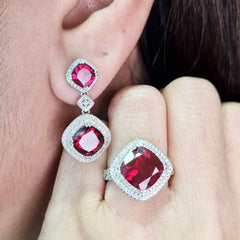 #TheSALE Large Red Ruby Cushion Gemstones Diamond Jewelry Set 14kt