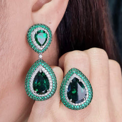 #TheSALE Pear Green Gemstones Drop Statement Diamond Jewelry Set