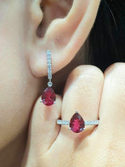 CLEARANCE BEST | Teardrop Ruby Gemstones Dangling Diamond Jewelry Set 14kt
