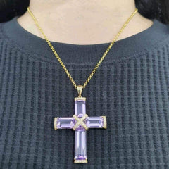 #TheSALE | Golden Amethyst Cross Gemstones Diamond Necklace 14kt