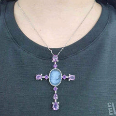 #TheSALE | Mother Amethyst Cross Shape Gemstones Diamond Necklace 14kt