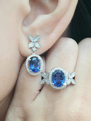 CLEARANCE BEST |Oval Blue Sapphire Gemstones Dangling Diamond Jewelry Set 14kt