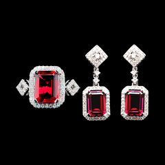 Ruby Emerald Cut Gemstones Diamond Jewelry Set 14kt