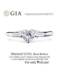 LUNA | 0.70cts D Colorless Heart Brilliant Baguette Paved Diamond Engagement Ring 18kt GIA CERTIFIED
