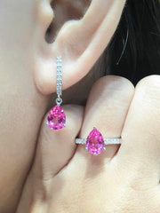 CLEARANCE BEST | Teardrop Pink Ruby Gemstones Dangling Diamond Jewelry Set 14kt
