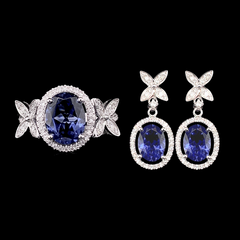 CLEARANCE BEST |Oval Blue Sapphire Gemstones Dangling Diamond Jewelry Set 14kt