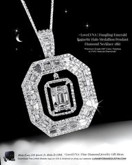 #LVNA2024 | Large Dangling Emerald Baguette Halo Medallion Pendant Diamond Necklace 18kt