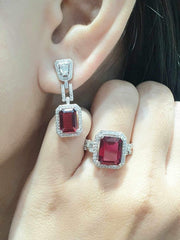CLEARANCE BEST | Halo Ruby Gemstones Dangling Diamond Jewelry Set 14kt