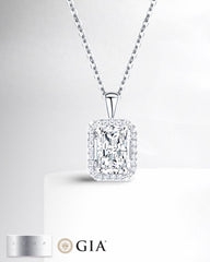 1.30cts L VS2 Radiant Brilliant Halo Paved Solitaire Pendant Diamond Necklace 18kt GIA Certified #LVNA2024