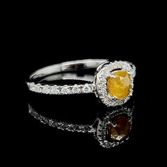 0.77cts Yellow Orange Colored Cushion Halo Paved Diamond Engagement Ring 14kt  | LVNA Signatures
