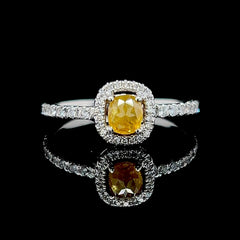 0.77cts Yellow Orange Colored Cushion Halo Paved Diamond Engagement Ring 14kt  | LVNA Signatures
