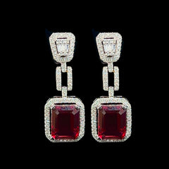CLEARANCE BEST | Halo Ruby Gemstones Dangling Diamond Earrings 14kt