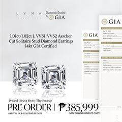 1.01ct/1.02ct L VVS1-VVS2 Asscher Cut Solitaire Stud Diamond Earrings 14kt GIA Certified