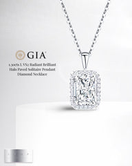 1.30cts L VS2 Radiant Brilliant Halo Paved Solitaire Pendant Diamond Necklace 18kt GIA Certified #LVNA2024