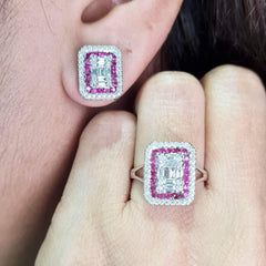 #TheSALE Square Pink Ruby Emerald Diamond Jewelry Set 14kt