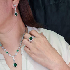 #TheSALE Cluster Shape Green Emerald Diamond Jewelry Set 14kt