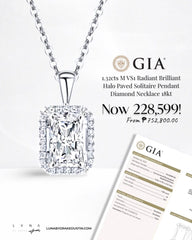 1.32cts M VS1 Radiant Brilliant Halo Paved Solitaire Pendant Diamond Necklace 18kt | GIA Certified #LVNA2024