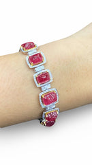 #LVNA2024 | Natural Red Cabochon Ruby Gemstones Halo Paved Eternity Diamond Bracelet 18kt