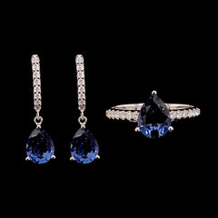 CLEARANCE BEST | Teardrop Blue Sapphire Gemstones Dangling Diamond Jewelry Set 14kt