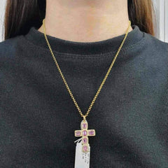 #TheSALE | Golden Pink Sapphire Gemstones Diamond Cross Necklace 14kt