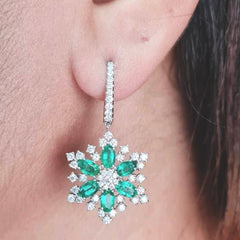 #TheSALE | Flower Oval Natural Emerald Diamond Dangling Earrings 18kt