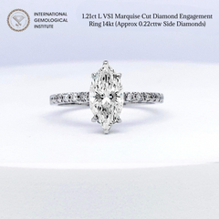 1.39cts L VS1 Marquise Center Paved Diamond Engagement Ring 14kt IGI Certified CLR