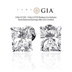 3.16ct K VS2 / 3.14ct J VVS1 Radiant Cut Solitaire Stud Diamond Earrings 18kt GIA Certified