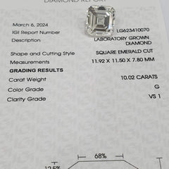 10.02ct G VS1 Asscher Cut Diamond Engagement Ring 18kt IGI Certified Ethical #LVNA2024