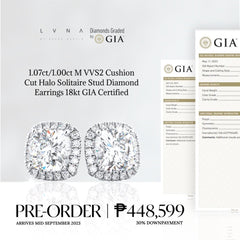 1.07ct/1.00ct M VVS2 Cushion Cut Halo Solitaire Stud Diamond Earrings GIA Certified