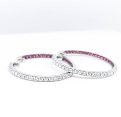 #LVNA2024 | Round Pink Ruby Gemstones Inlaid Diamond Hoop Earrings 14kt