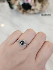 1.34ct Black Colored Rosecut Diamond Halo Paved Diamond Engagement Ring 18kt