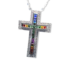 Unisex Rainbow Cross Sapphire Gemstones Diamond Necklace 14kt