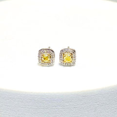 Classic Cushion Stud Yellow Colored Diamond Earrings 14kt