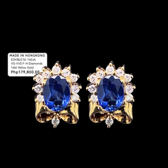 Golden Blue Sapphire Floral Oval Stud Gemstones Diamond Earrings 14kt
