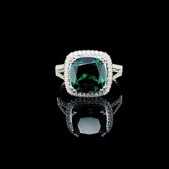 #BuyNow | Green Emerald Cushion Paved Gemstones Diamond Ring 14kt