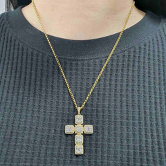 Large Golden Emerald Cross Pendant Diamond Necklace 14kt