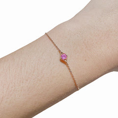 Golden Pink Ruby Gemstones Center Bar Diamond Bracelet 18kt