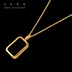 GLD | 18K Golden Black Onyx Bar Pendant Necklace Rope Chain 17.5”