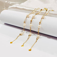 Golden Double String Pearl Station Bracelet 18kt