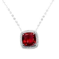 Cushion Halo Red Ruby Gemstones Diamond Necklace 16-18” 18kt