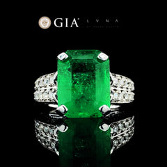 7.01ct Natural Green Emerald Center Stone Cathedral Diamond Ring 18kt GIA Certified | LVNA Signatures