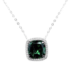 Cushion Green Emerald Halo Gemstones Diamond Necklace 16-18” 18kt