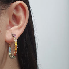 Large Rainbow Sapphire Gemstones Hoop Earrings 14kt